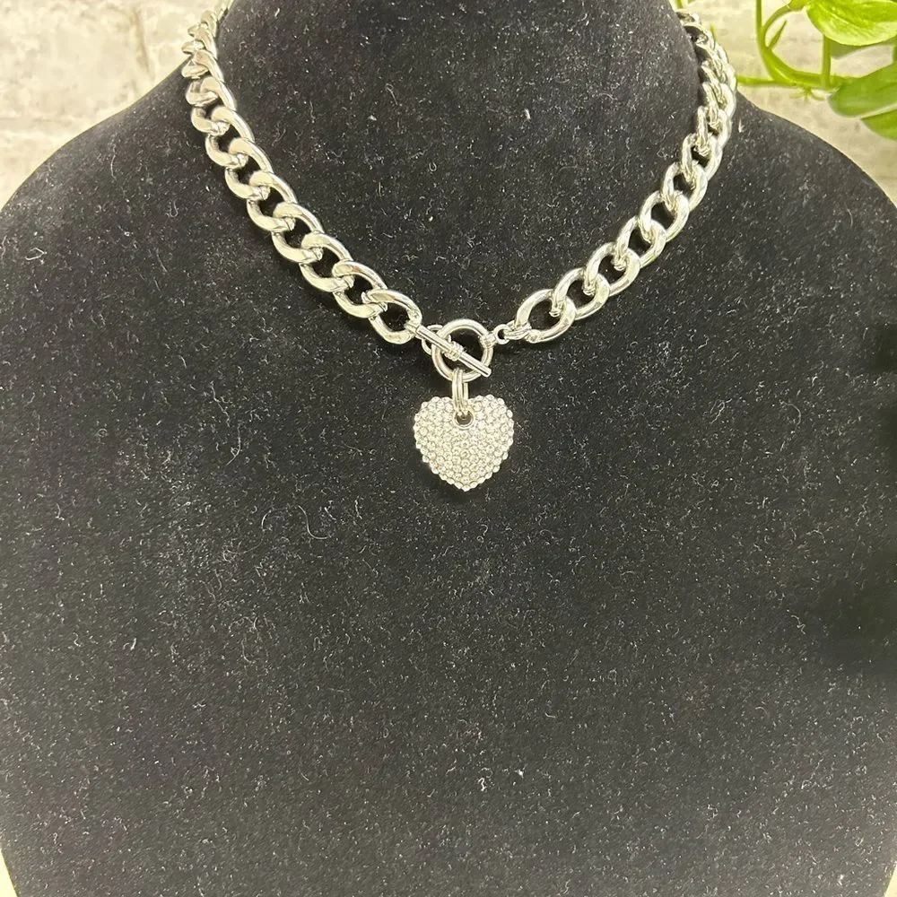 ❤️ Silver Chunky 16" Necklace with Puffy Silver & CZ Heart Pendant.